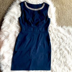 Connected Apparel Navy Blue formal dress w/ faux diamonds and pearl neck lined